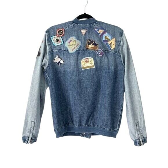 GUESS Originals Size M Asymmetric Denim Patchwork Bomber Jacket Jean - Picture 7 of 13